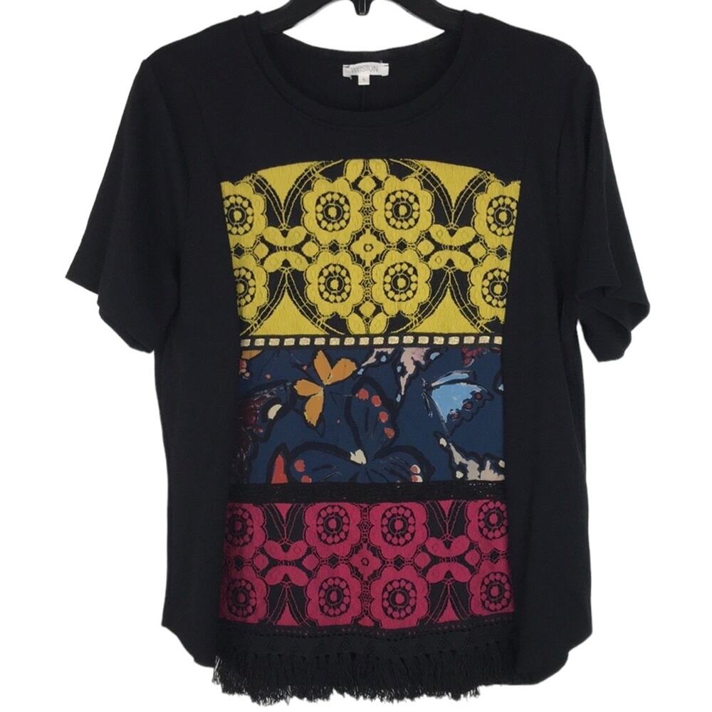Weston T-Shirt Floral Lace Butterfly Print Fringe Hem Black Pink Yellow Large